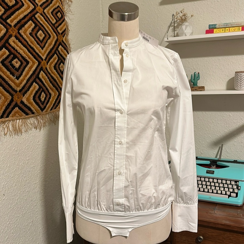 J.Crew crisp white button-down stand collar bodysuit size 2